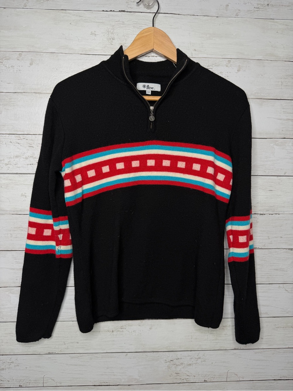 Vintage Neve Designs Wool Ski Sweater Women L Black Red Nordic 1/4 Zip Retro